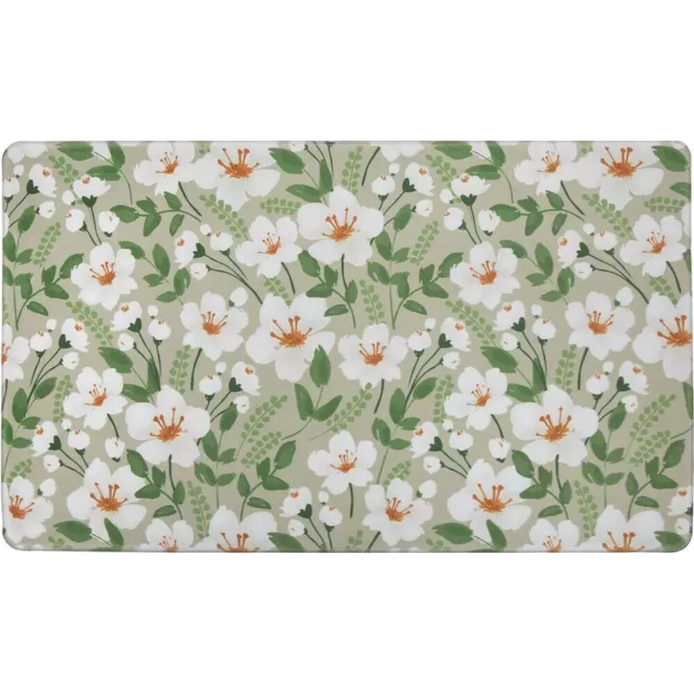 Anti-Fatigue PVC Kitchen Floor Mat (18"x30") WHITE FLOWERS & GREEN LEAVES, HL